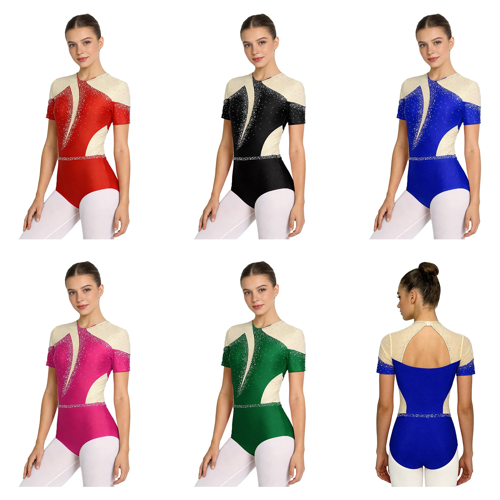 Frauen Erwachsene Sheer Eiskunstlauf Gymnastik Ballett Aufwärmen Dance Performance Trikot Kurzarm Lyrical Bühne Dancewear