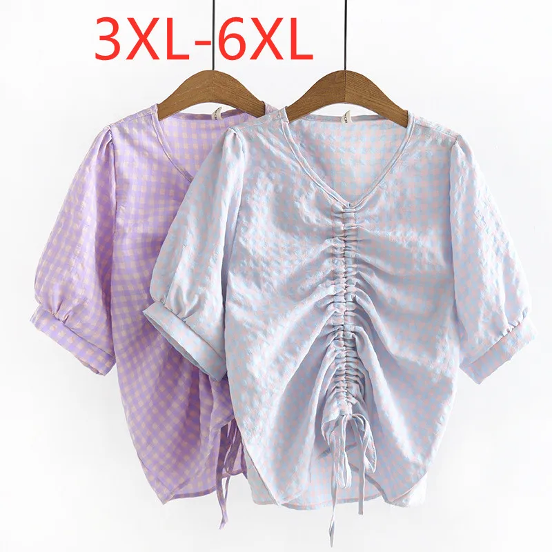 

Large women's 2022 spring and summer new slim loose check Plus Size short sleeve T-shirt