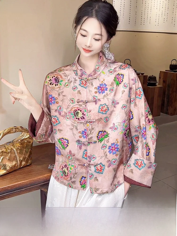 

Новый китайский комплект из шелка Xiangyun для женщин: удлиненная кофта с воротником-стойкой и теплые брюки для повседневной носки на раннюю весну
