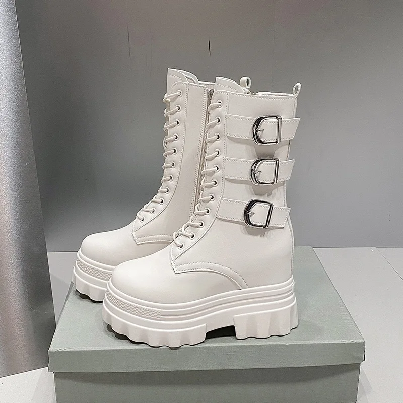Punk Style Womens Boots Fashionable Mid-calf Boots Height Increasing Platform Boots for Women Casual Leather Booties Botas Mujer