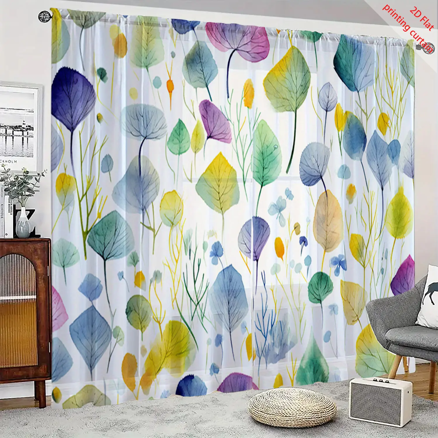 Colored leaf printed transparent gauze curtain, used for office bedroom living room balcony windows, home aesthetic decoration