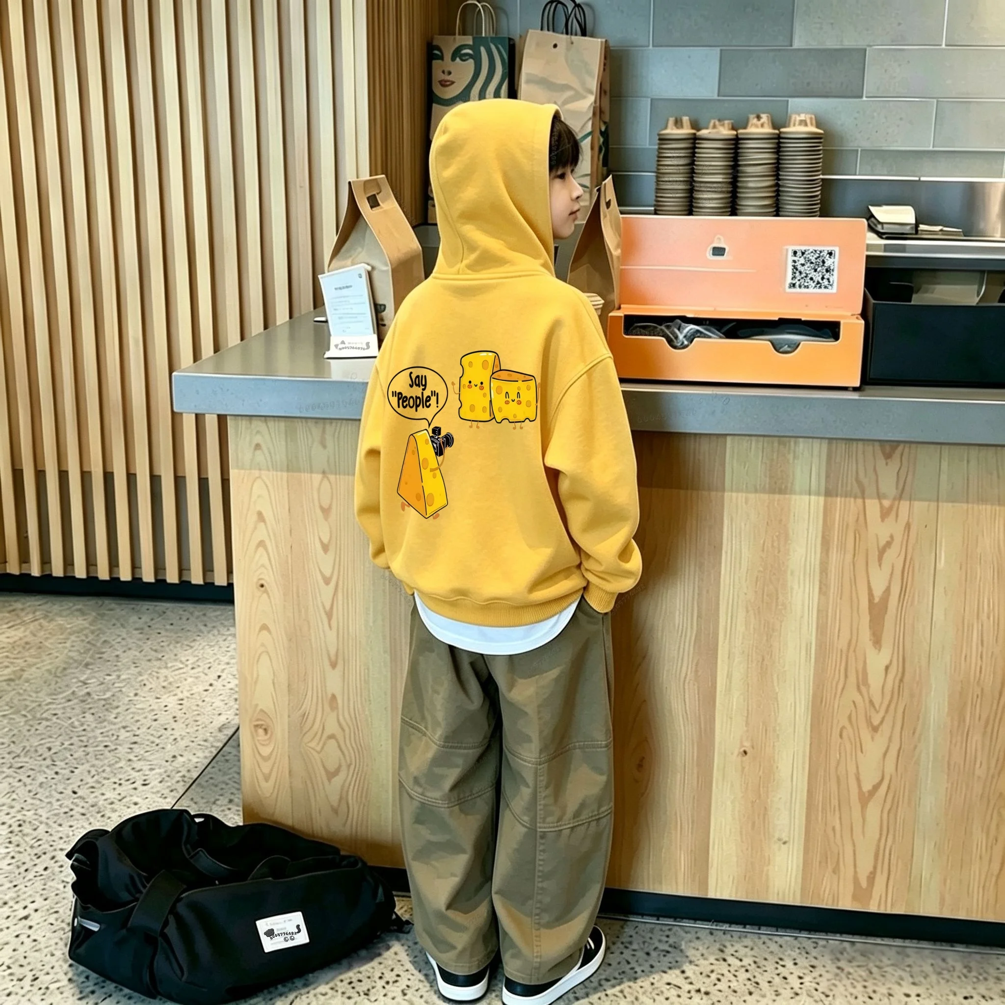 Y2K Autumn/Winter New Style Cute Cartoon Cheese Cheese Fun Back Print Loose Middle-Size Children's Hooded Jacket