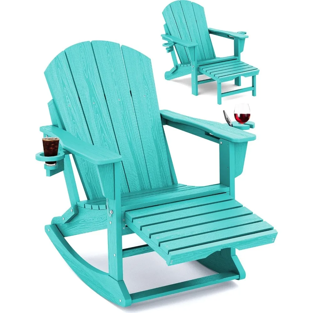 

Adirondack Rocking Chair with Retractable Ottoman and Cup Holders, HDPE Adirondack Rocker Patio Rocking Chair for Porch, Patio,