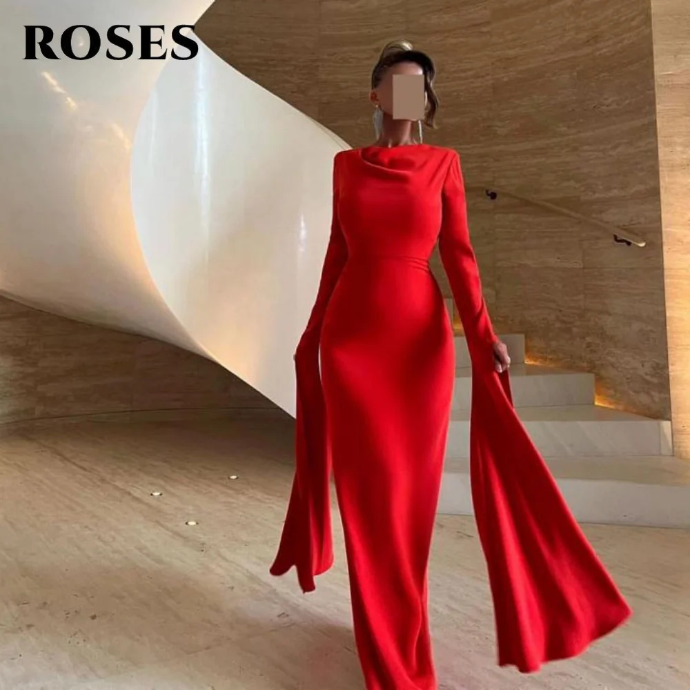 

ROSES Красные элегантные вечерние платья Ночное платье с круглым вырезом и складками Атласное платье знаменитости с обычными рукавами для женщин по индивидуальному заказу