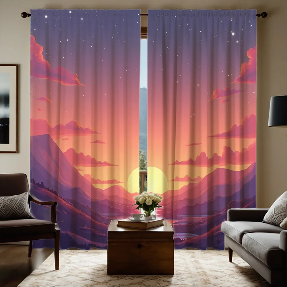 2pcs HD Digital Print Curtains - Cosmic Starry Sky Series, Sunset Mountain Landscape with Clouds & Stars, Semi-Transparent Polye