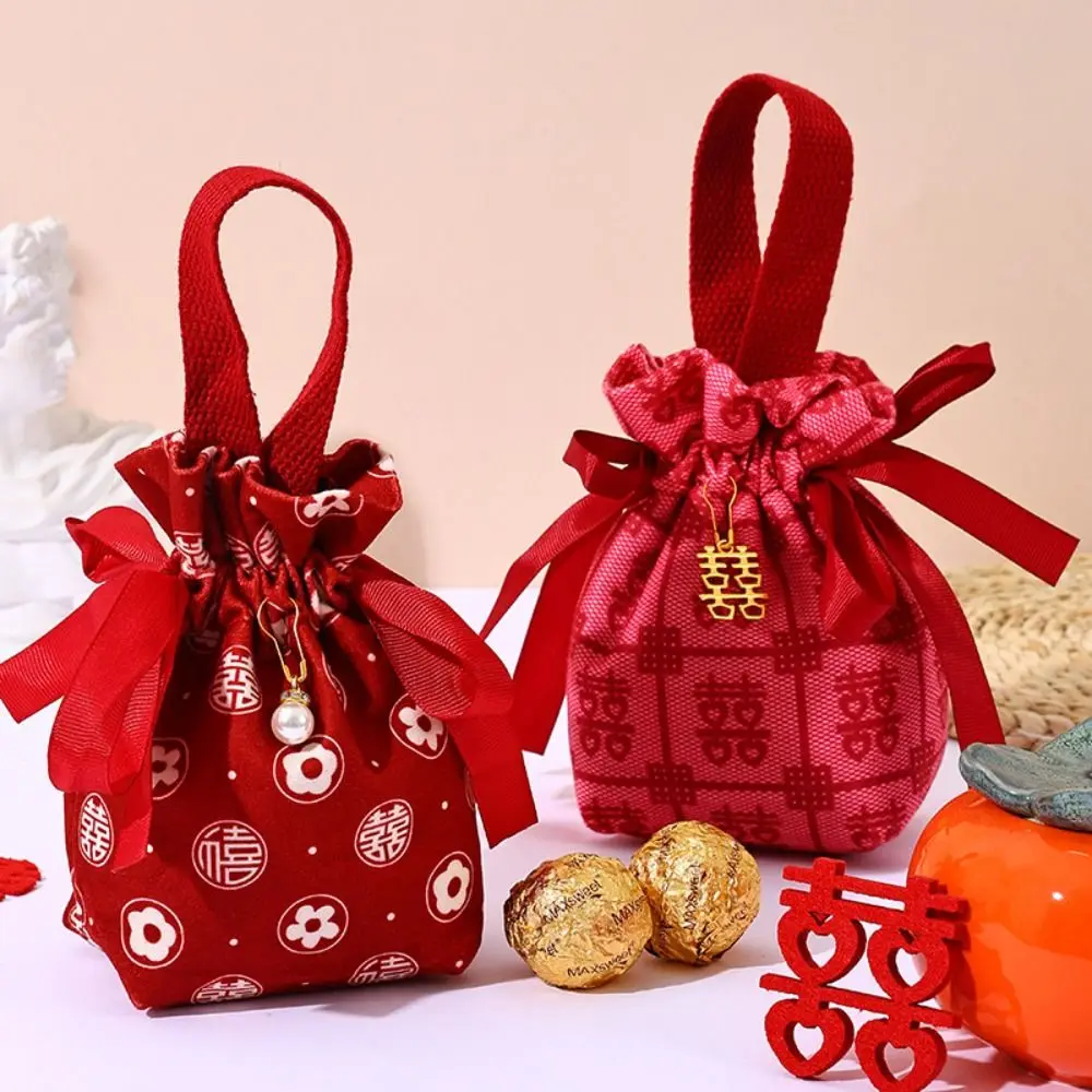 

4Pcs Bucket Bag Floral Drawstring Gift Bags Soft Double Happiness Small Flower Wrist Bag Reusable Elegant Bowknot Handbag Party