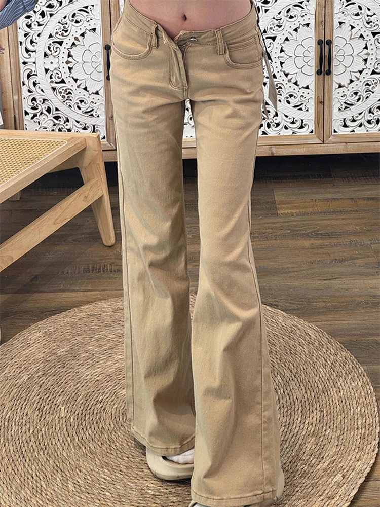 

American Style Low Waist Bell Bottom Jeans Women's Autumn New Vintage Loose Fit Casual Jeans Khaki Color with Zipper