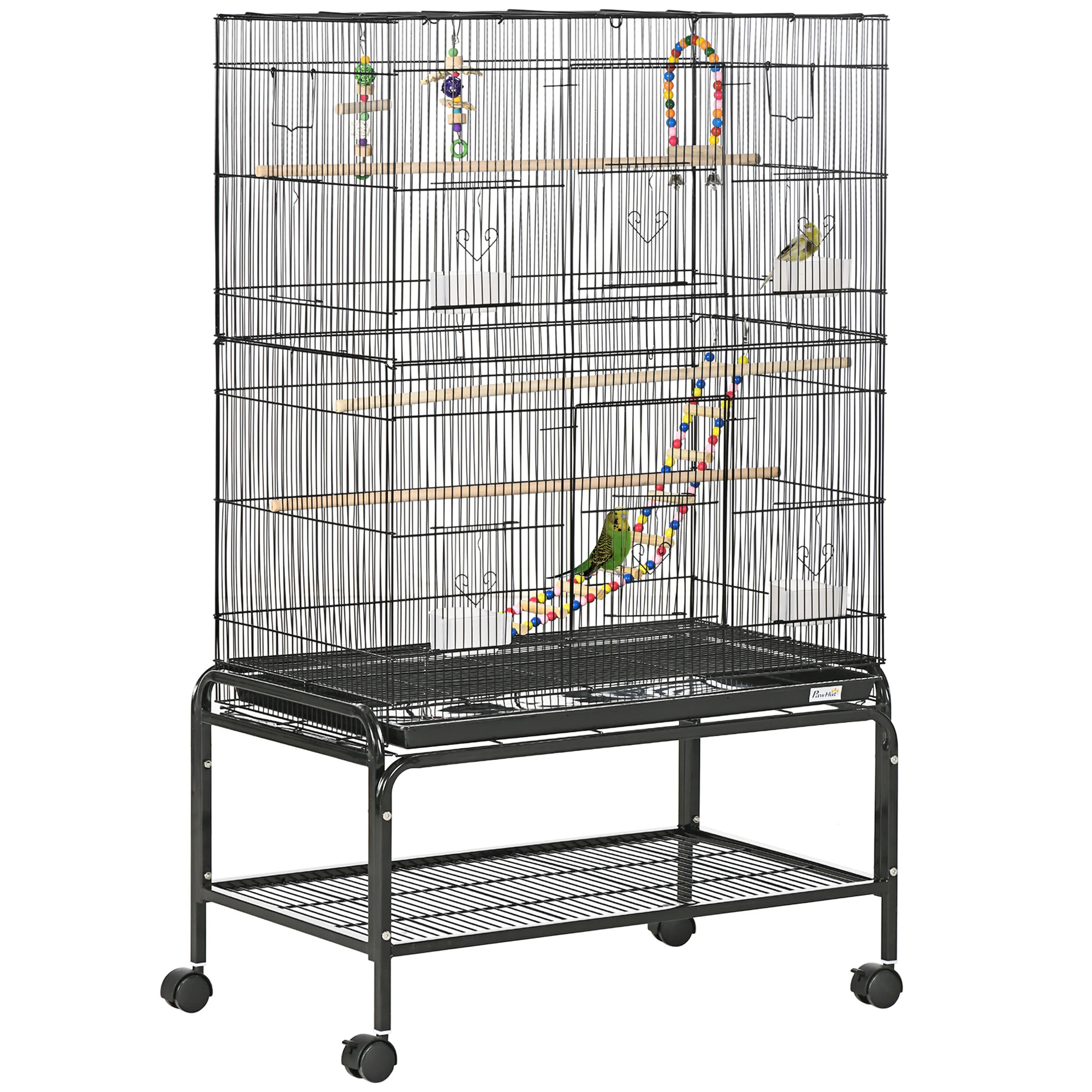 PawHut Birdcage with wheels 79x49x133 cm metal birdhouse with stand with 4 feeders 3 hangers toys removable tray rack for black parakeet Canary