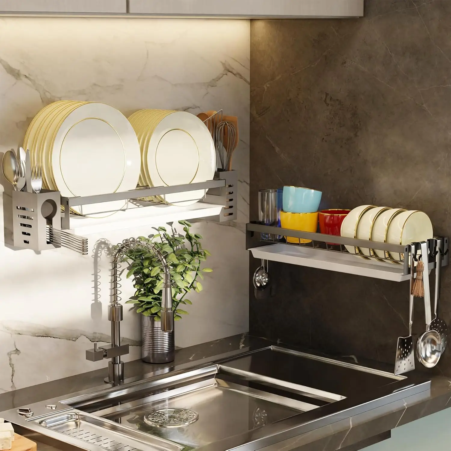 

Wall Mounted Dish Drying Rack, Apartment&RV Hanging Wall Mounted Dish Rack, 2 Drain Trays, 2 Pcs, Adhesive Mountable, Small Size