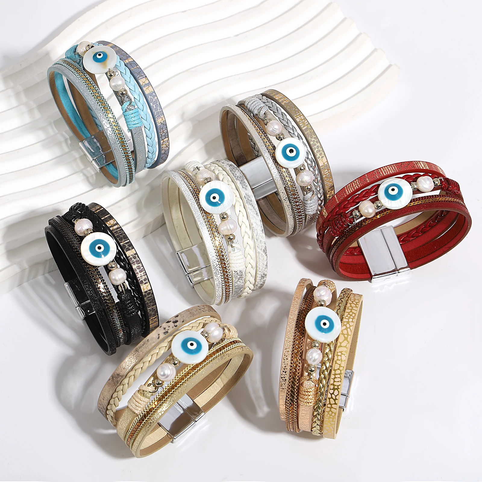 

Amorcome Boho Resin Blue Evil Eye Charm Leather Bracelets for Women Multilayer Wrap Bracelet Female Jewelry Summer Holiday Gift