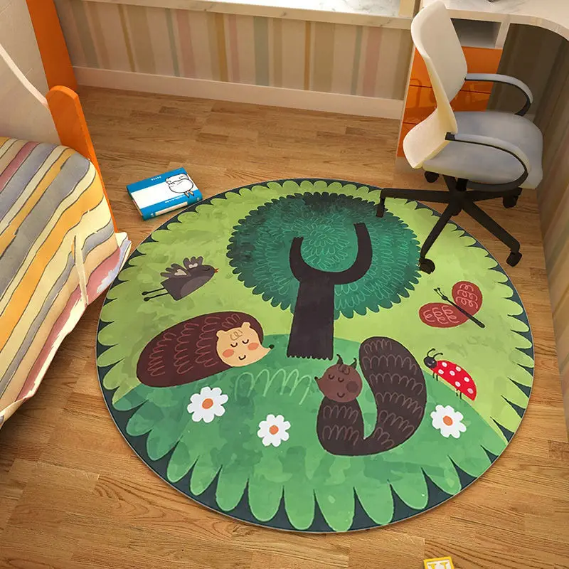 Cartoon Hedgehog Round Kids Carpets Home Living Room Anti-Slip Bedside Sofa Area Rugs Baby Kawaii Bedroom Decor Crawl Floor Mats