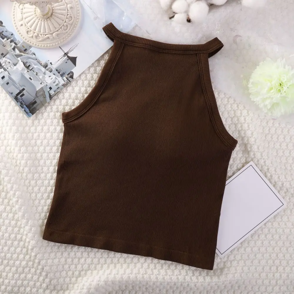 

Однотонная майка без рукавов, пляжная одежда, бретелька на подтяжках с подушечками, пикантный стиль для девочек, тонкий укороченный топ с круглым вырезом, женский женский топ