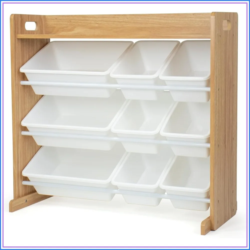 Organizador de Brinquedos de 3 Camadas com 9 Caixas Removíveis, Prateleira para Quarto Infantil que Economiza Espaço, Madeira Natural/Branco