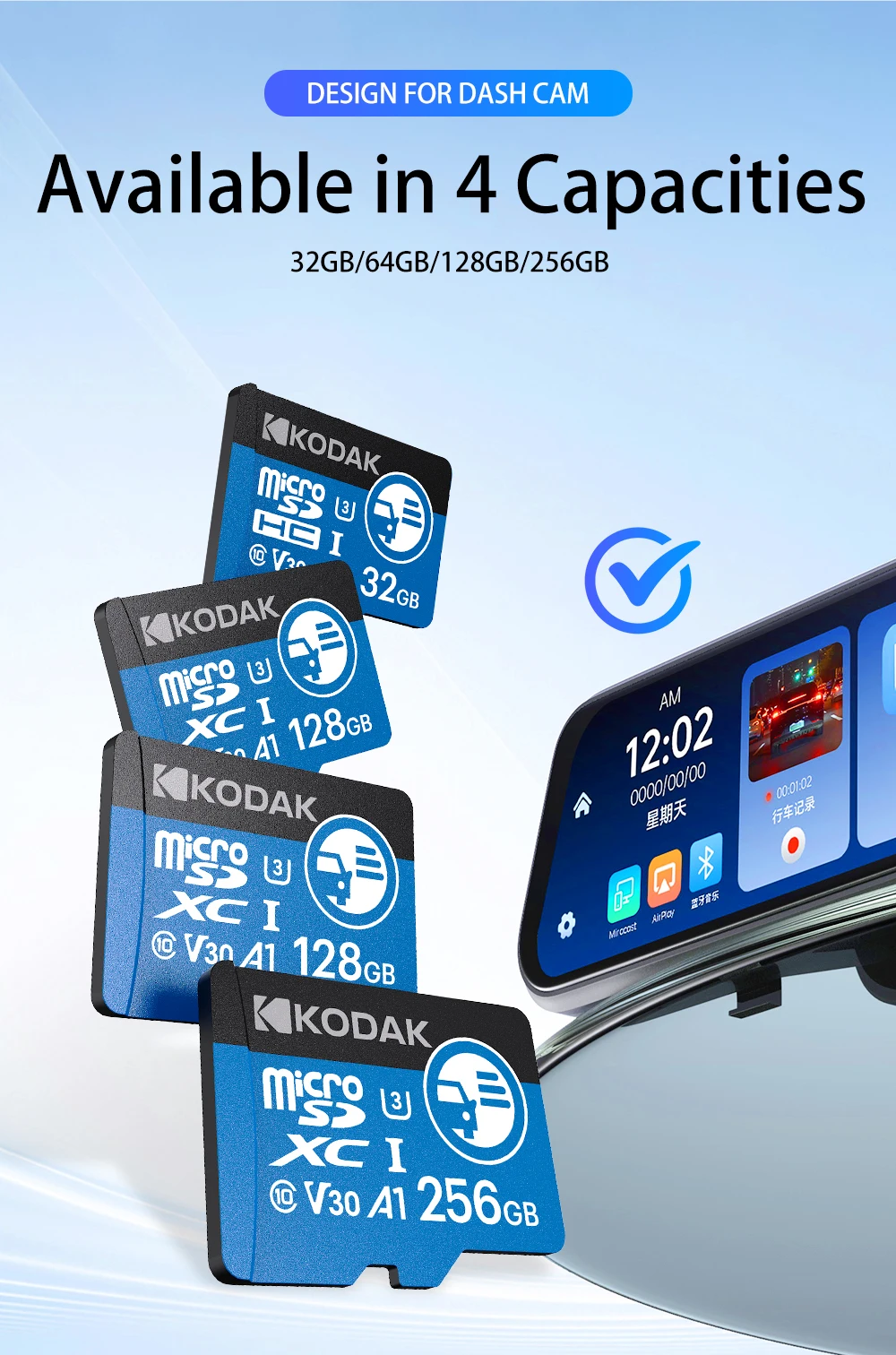 Kodak High Endurance Micro SD Card for Dash Cam FAT32 Memory Card 128/256GB 100MB/s Smooth 4K & Loop Recording Microsd Cards