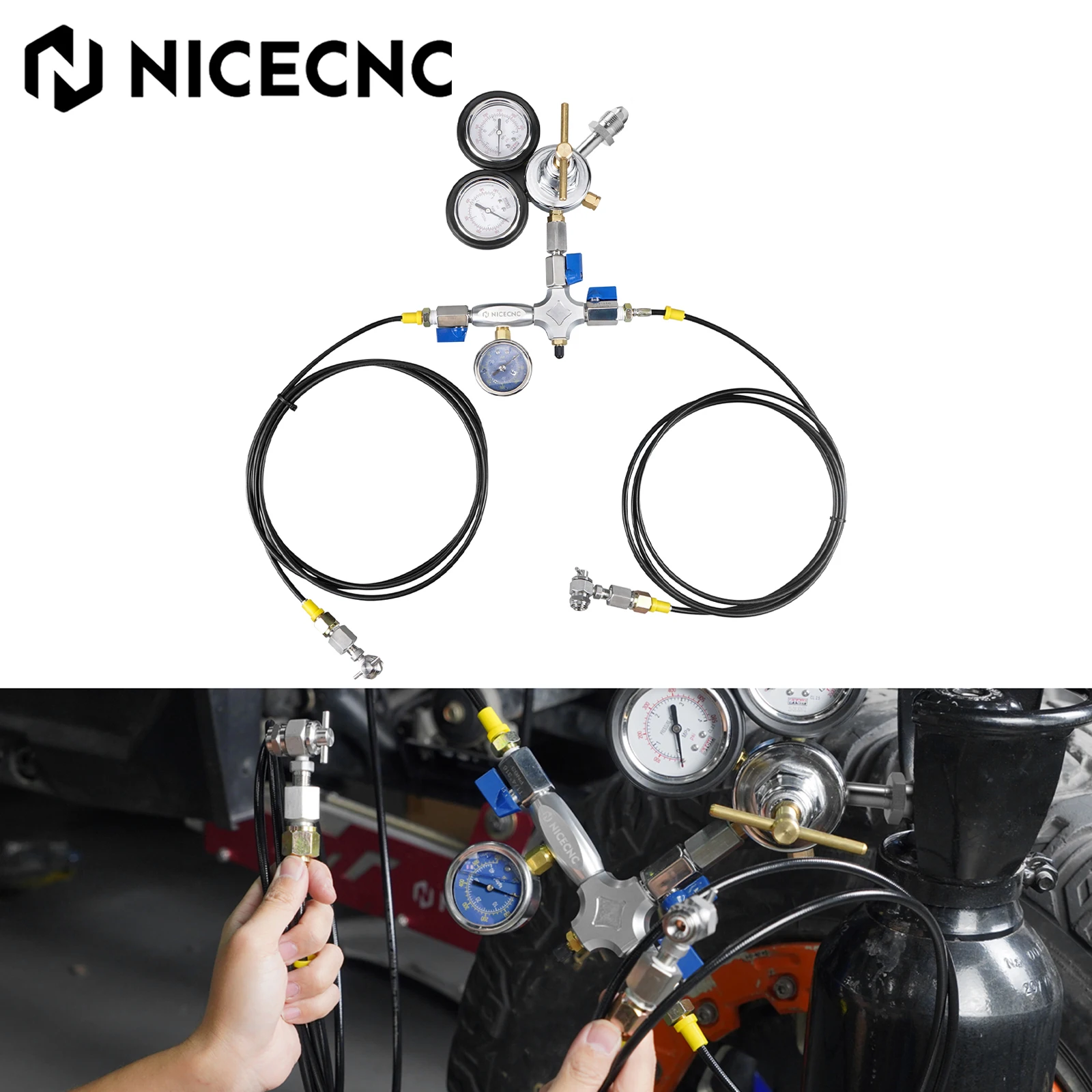 

Dual Hose Nitrogen Shock Regulator Fill Tool Schrader Valve For ATV UTV Yamaha Suzuki Honda KTM Kawasaki Raptor CanAm Polairs