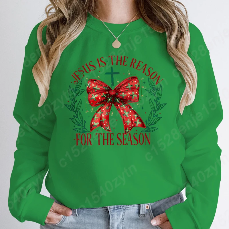 Christmas Bow Jesus Is The Reason For The Season Hoodless Sweatshirts Women Long-sleeved Winter Autumn Pullovers Pure Color Tops