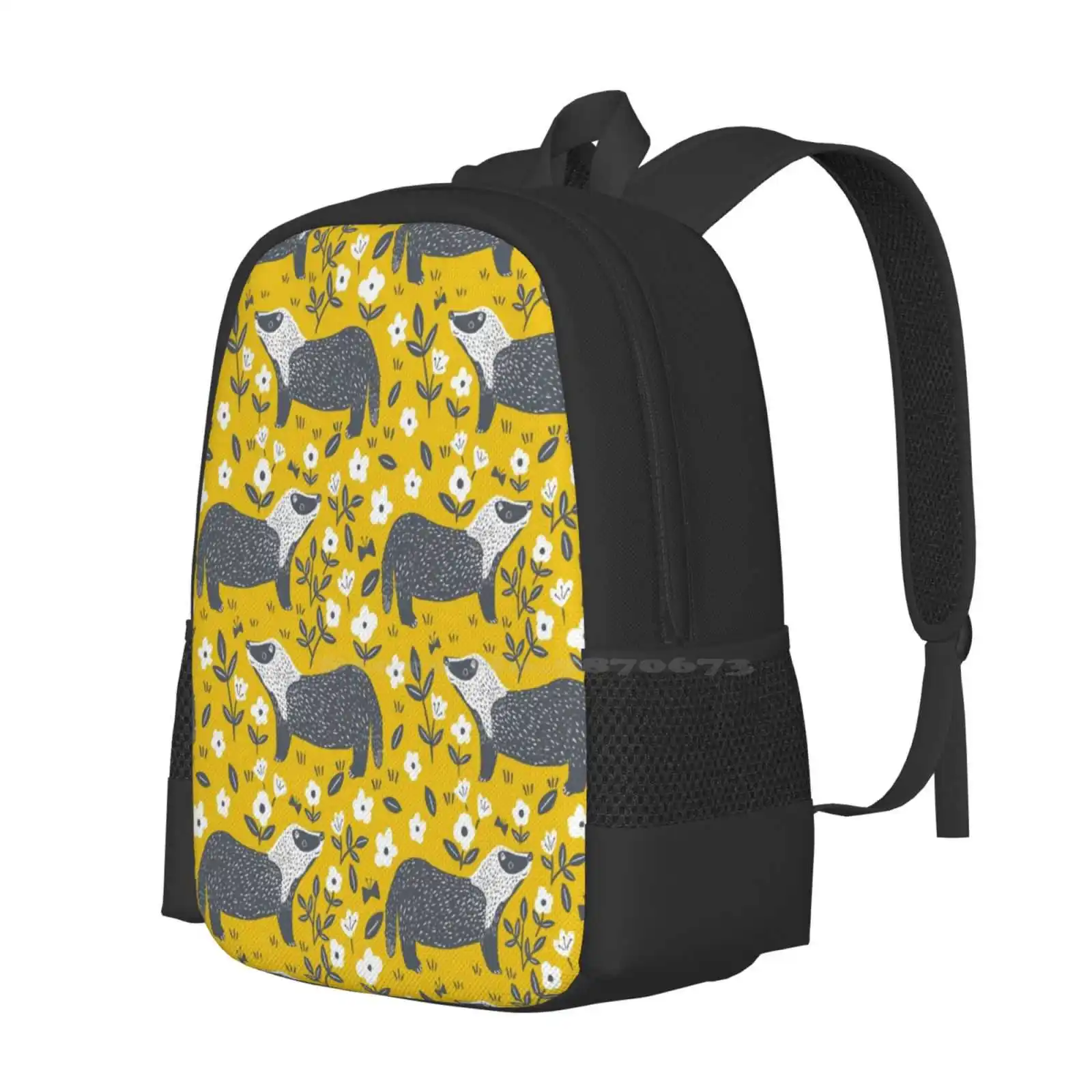 Badgers Hot Sale Schoolbag Backpack Fashion Bags Yellow And Gray Cute Badgers Badger Lover Animals Badger Pattern Patterns