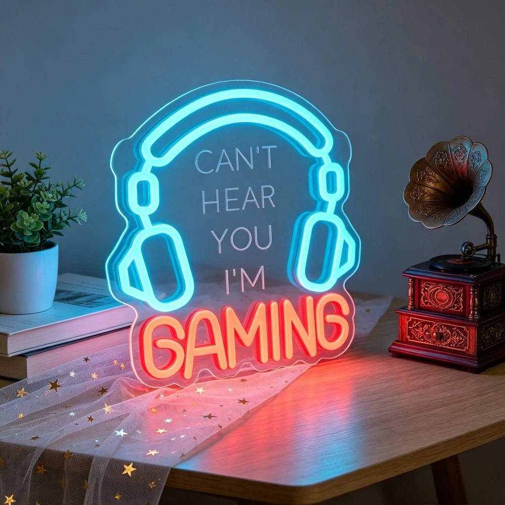 Cant Hear You Im Gaming Headset LED Neon Sign Gamer Room Decor USB Powered Dimmable Wall Art for Game Lover Gift