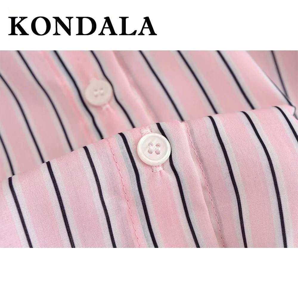 KONDALA Chic Pink Striped Casual Loose Blouse Turn-down Collar Long Sleeve Oversized Shirt Fashion 2025 Office Lady Mujer Shirt