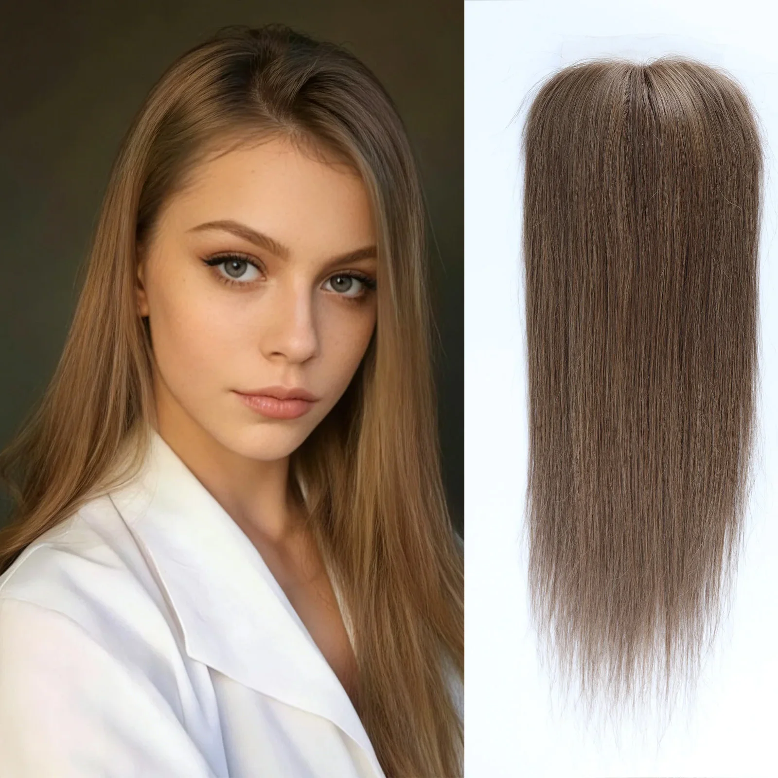 

Ash Brown 5x5'' Human Hair Topper With Silk Skin Base Lace Front Natural Hairline Closure Real Scalp Look for Hair Loss Woman