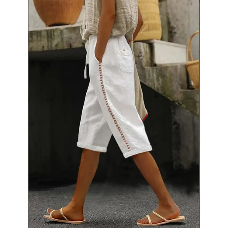 Women's Solid Color Drawstring Waist Side Stitch Decor Pocket Loose Casual Cropped Capri Pants Soft Breathable Outdoor Trousers