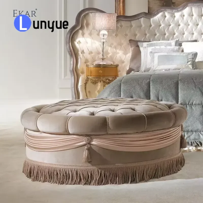 Italian Style Round Velvet Ottoman Tufted with Fringe Luxury Bedside Seat Footstool for Bedroom Living Room Home Decor