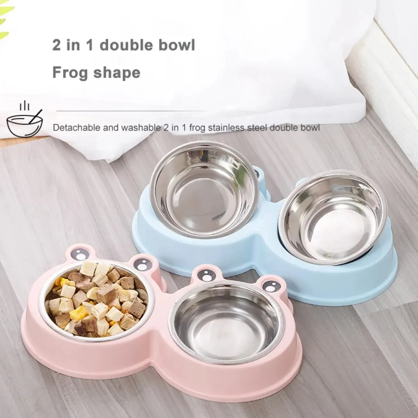 Pet Dog Food Feeder Double Bowl Stainless Steel Rounded Cute Cartoon Frog Style Thickened Combo Anti-skid