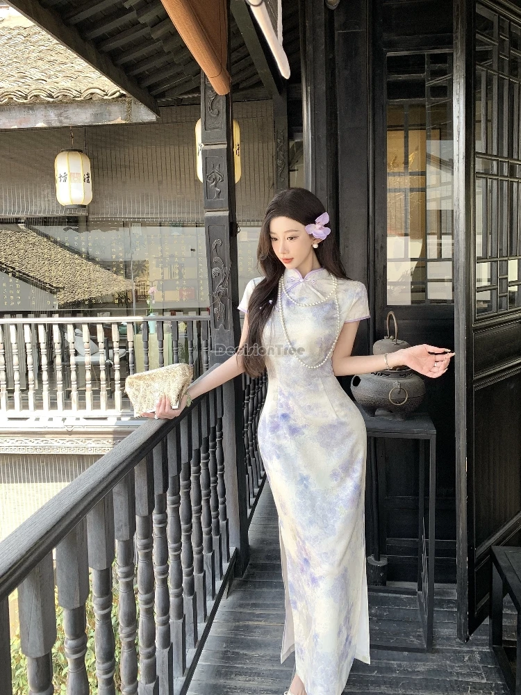 

2025 new chinese improved retro elegant printed style jacquard cheongsam dress for women's long short sleeve daily qipao dress