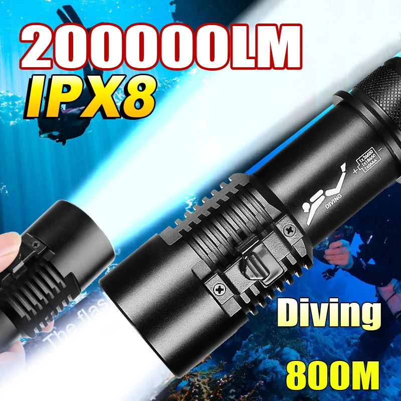 

IPX8 20000LM XHP199 светодиодный фонарик для дайвинга, подводный фонарь для подводного плавания, водонепроницаемый профессиональный мощный фонарь для дайвинга 26650