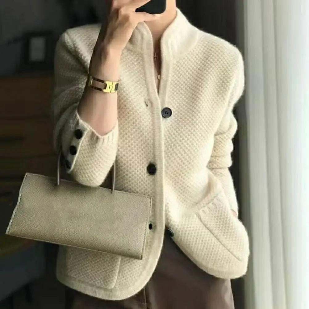 Knitted Cardigan Women Sweater New Hickened Cashmere Wool Cardigan Stand Neck Sweater Loose Knit Base Wool Sweater Jacket