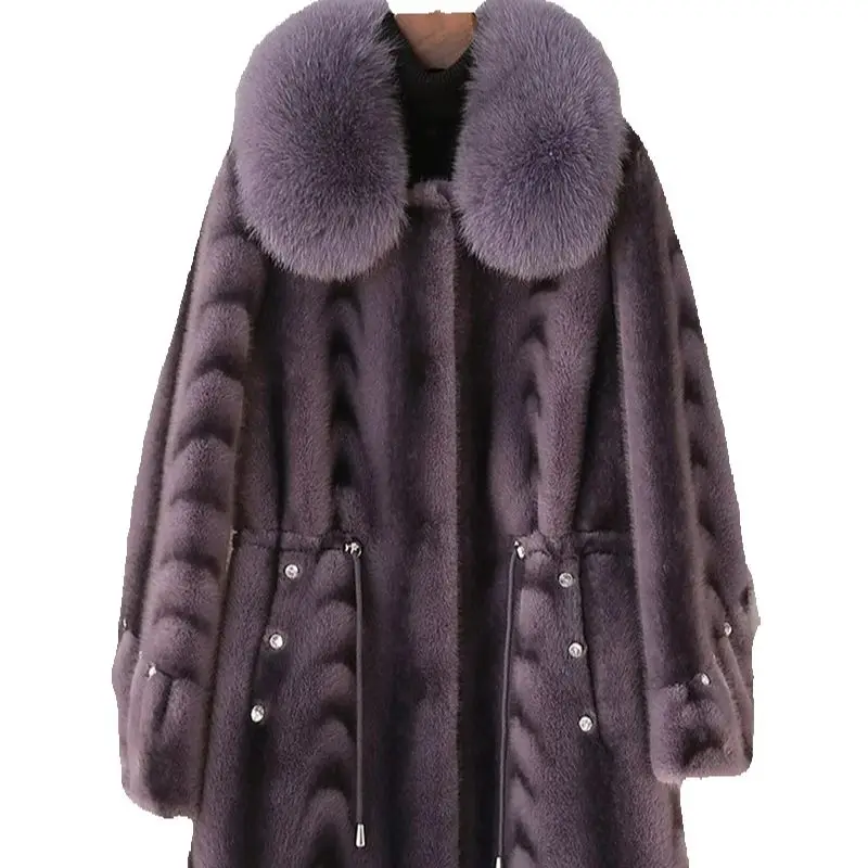 Mink fur coat for women, mid-length, waist-cinching, fox fur collar, and fur coat for middle-aged and elderly mothers