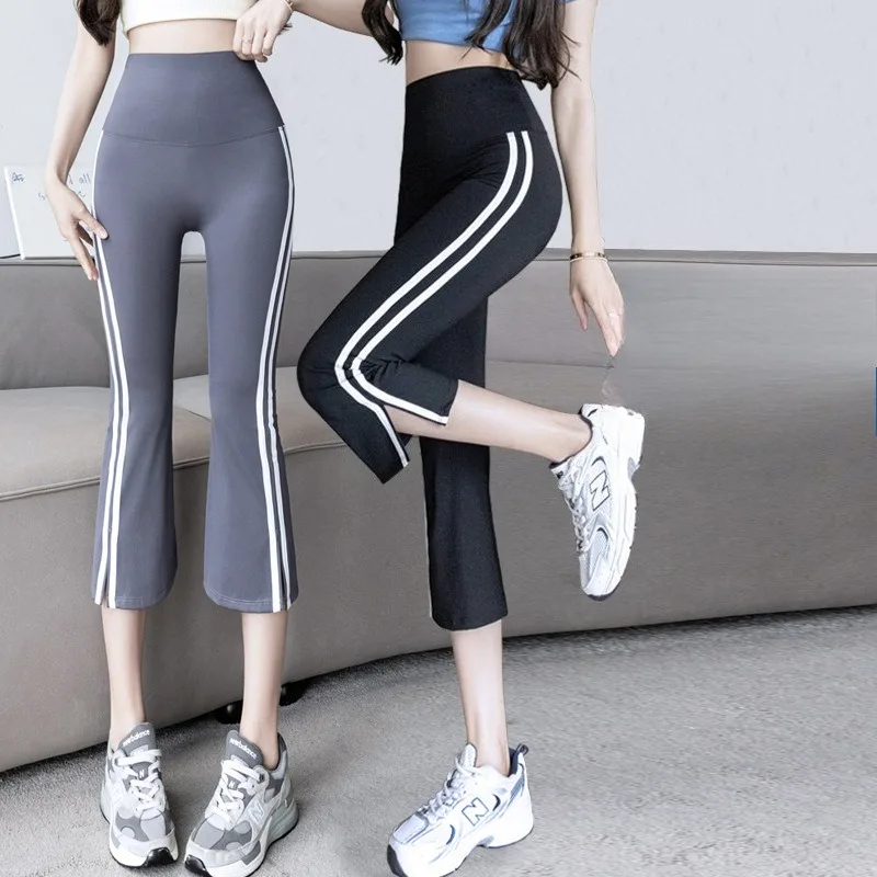 Flared Pant Summer High Waisted Belly Cinching Micro Flared Leggings Elastic Breathable Quick Drying Vertical Stripes Shark Pant