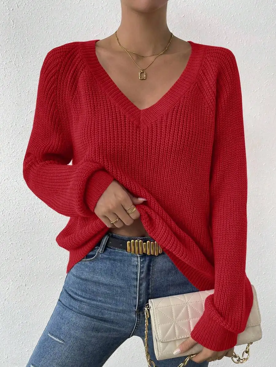 

Red V-Neck Knit Sweater With Raglan Sleeve For Women Casual Wear
