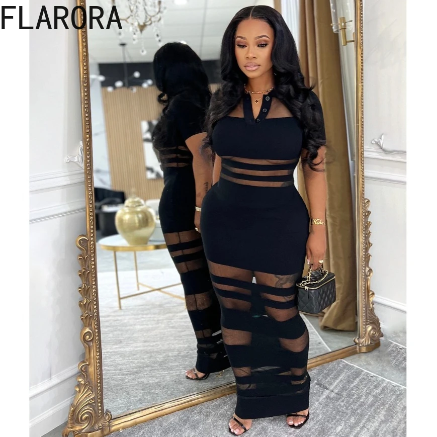 

FLARORA Sexy Mesh Patchwork Maxi Dress Woman See-Through Striped Polo-collar Bodycon Long Dresses Hottie Midnight Party Clubwear