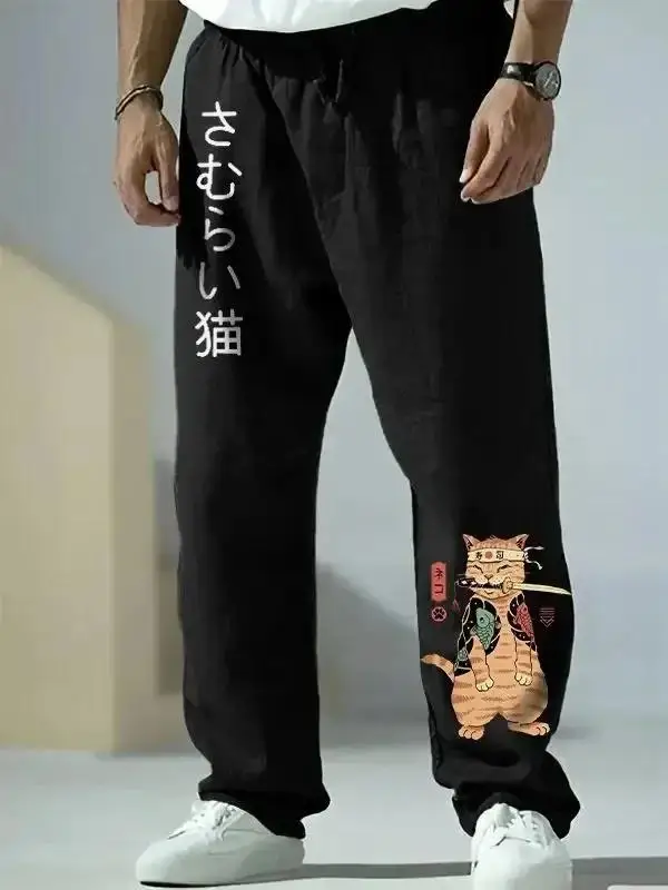 Unisex-Hose mit japanischem Samurai-Katzen-Print und weitem Bein, Harajuku Hipster Sommer-Streetwear-Jogginghose für Männer und Frauen – Detail 9