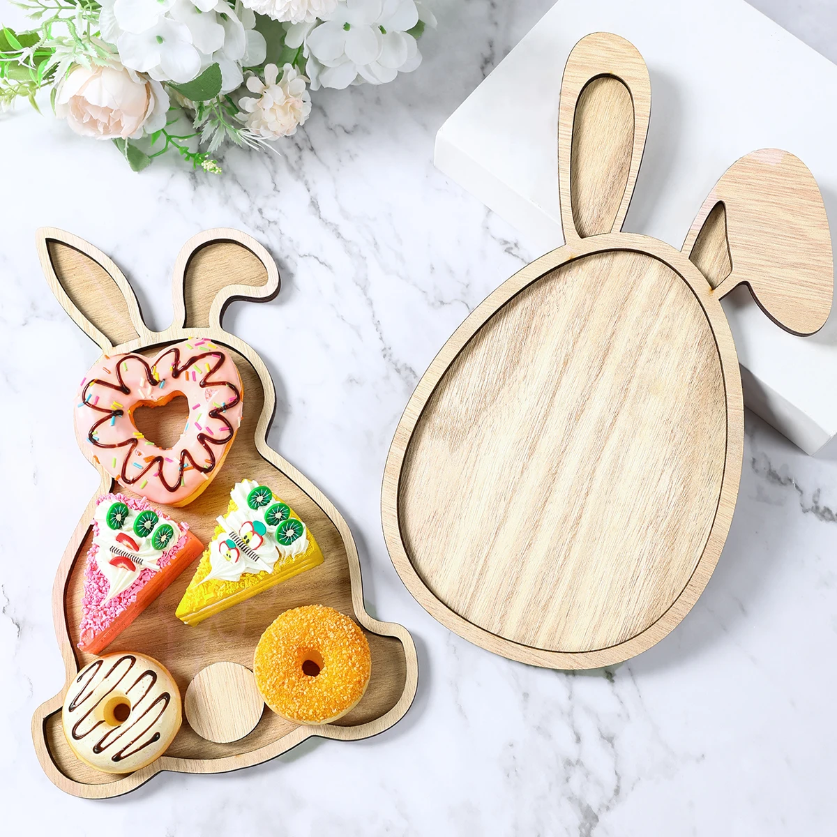 Easter Bunny Tray Wood Food Plate Fruit Serving Bread Display Wooden Spring Decor Kids Child Cake Decorations Easter Supplies