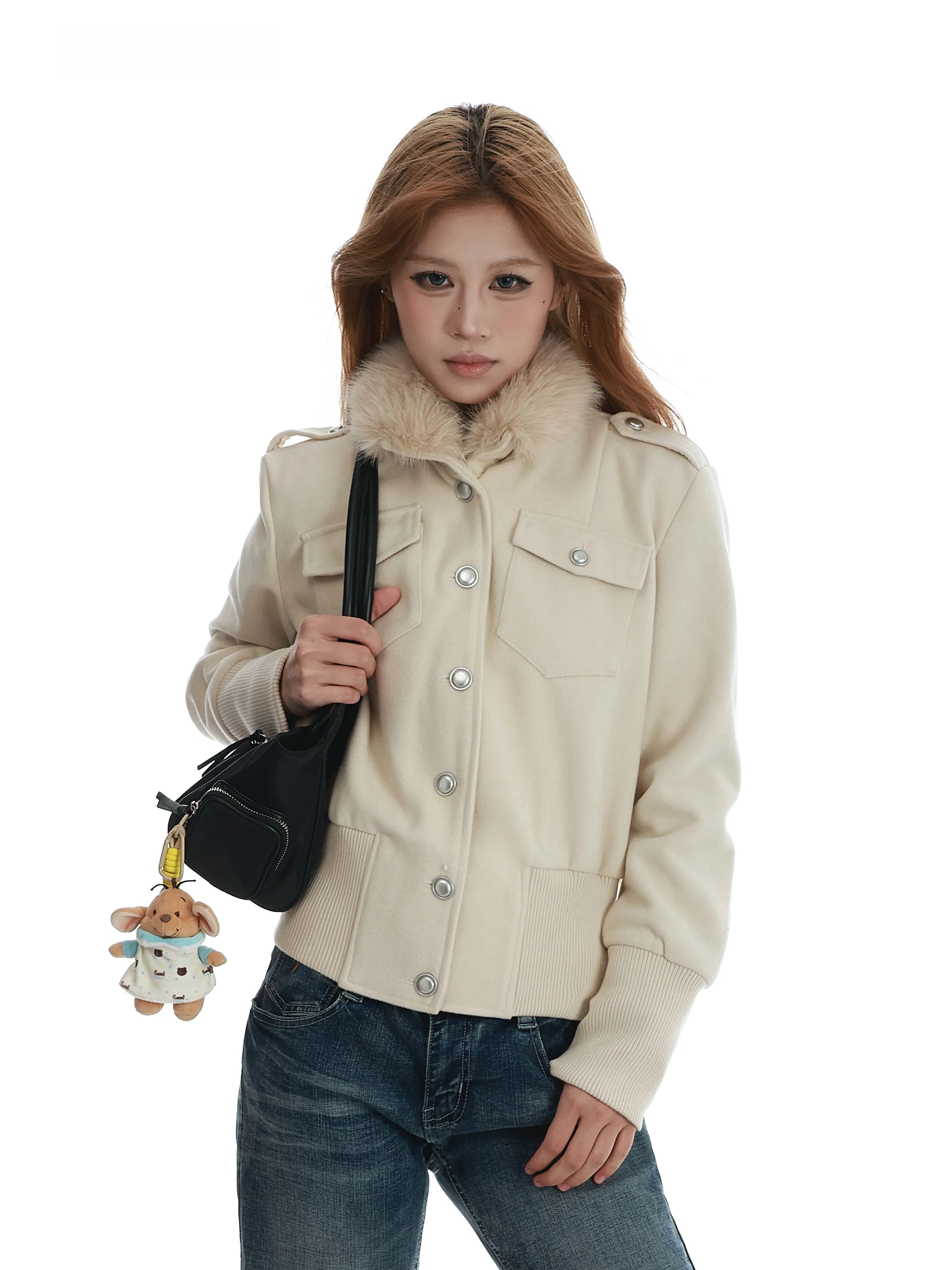 

Vinmuk American Detachable Fur Collar Jaet oulder Thiened Women's Spring Faion Brand Design Slimming Top