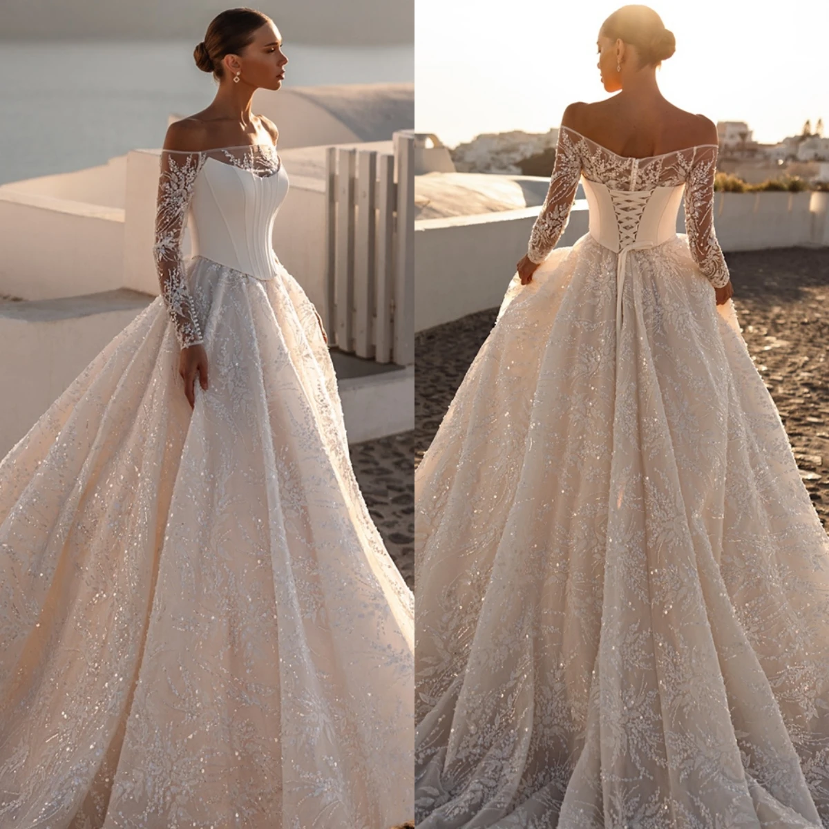 

Customized Strapless Long Sleeves Luxury Bridal Gowns Lace Sequined Pearls Sparkly Wedding Dress A-Line Vestido De Novia