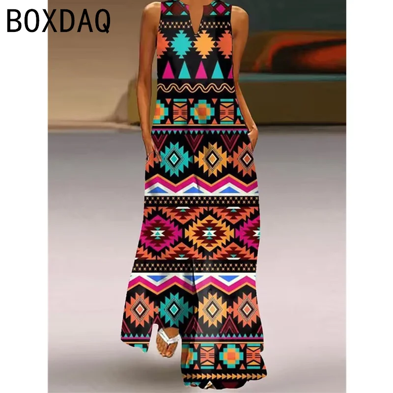 Retro Bohemian Style Geometric Pattern Print Dress Women's Summer Sleeveless V-Neck Beach Vacation Maxi Dress Vestidos De Mujer
