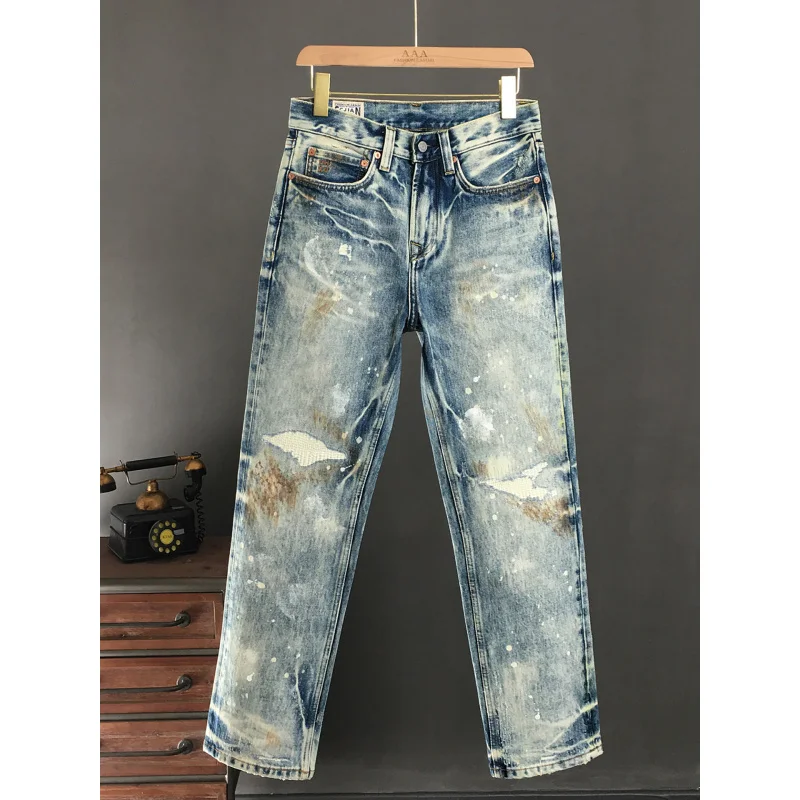 

Retro heavyweight loose jeans for men, autumn new trend, ripped hole patch, old American style non elastic straight leg pants