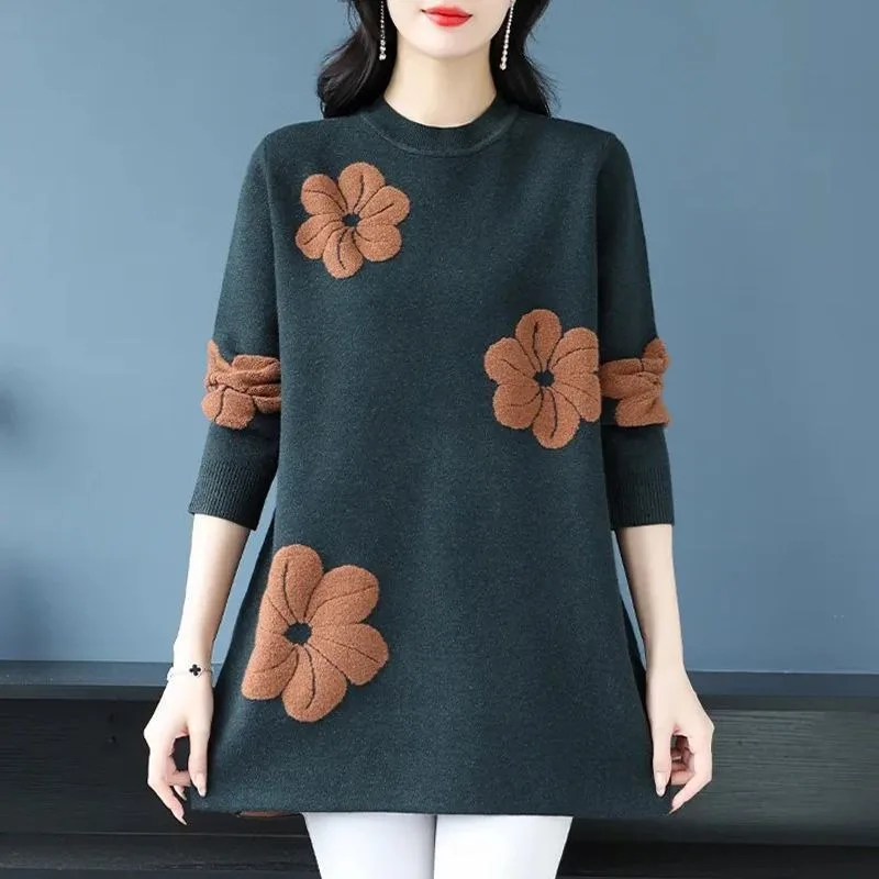 

Round Neck Sweater Women's Autumn and Winter Mid-length Loose Slimming Western Style Bottoming Sweater