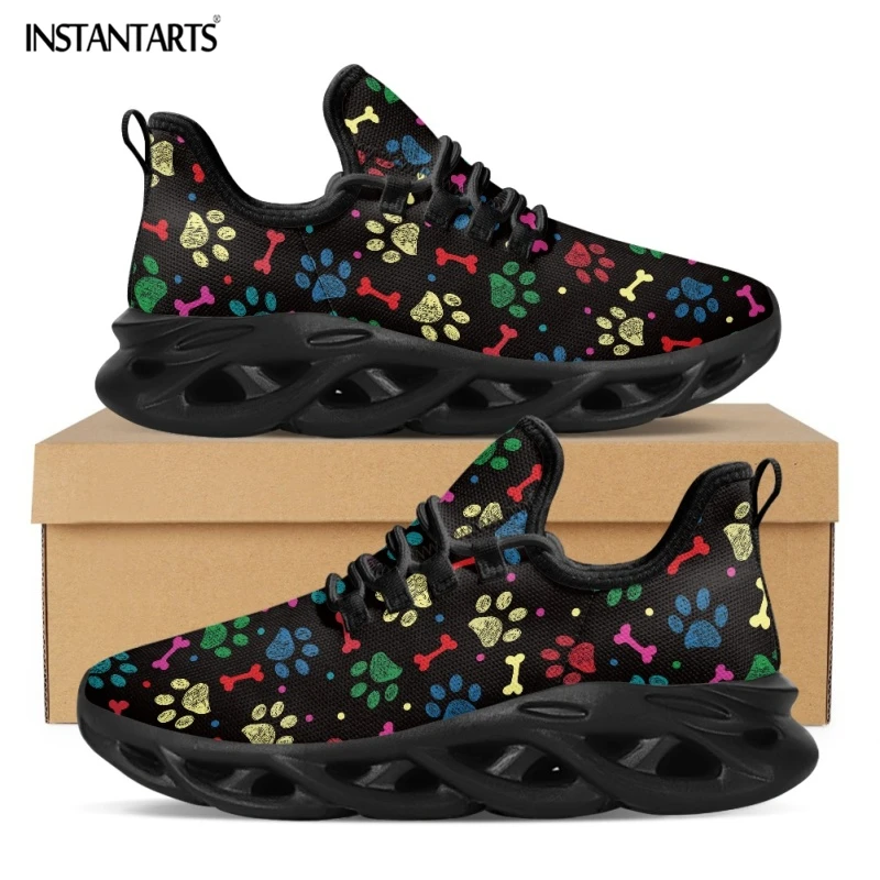 INSTANTARTS Colorful Cartoon Dog Paw Print Mesh Swing Sneakers for Ladies Breathable Lace up Platform Shoes Women Running Shoes