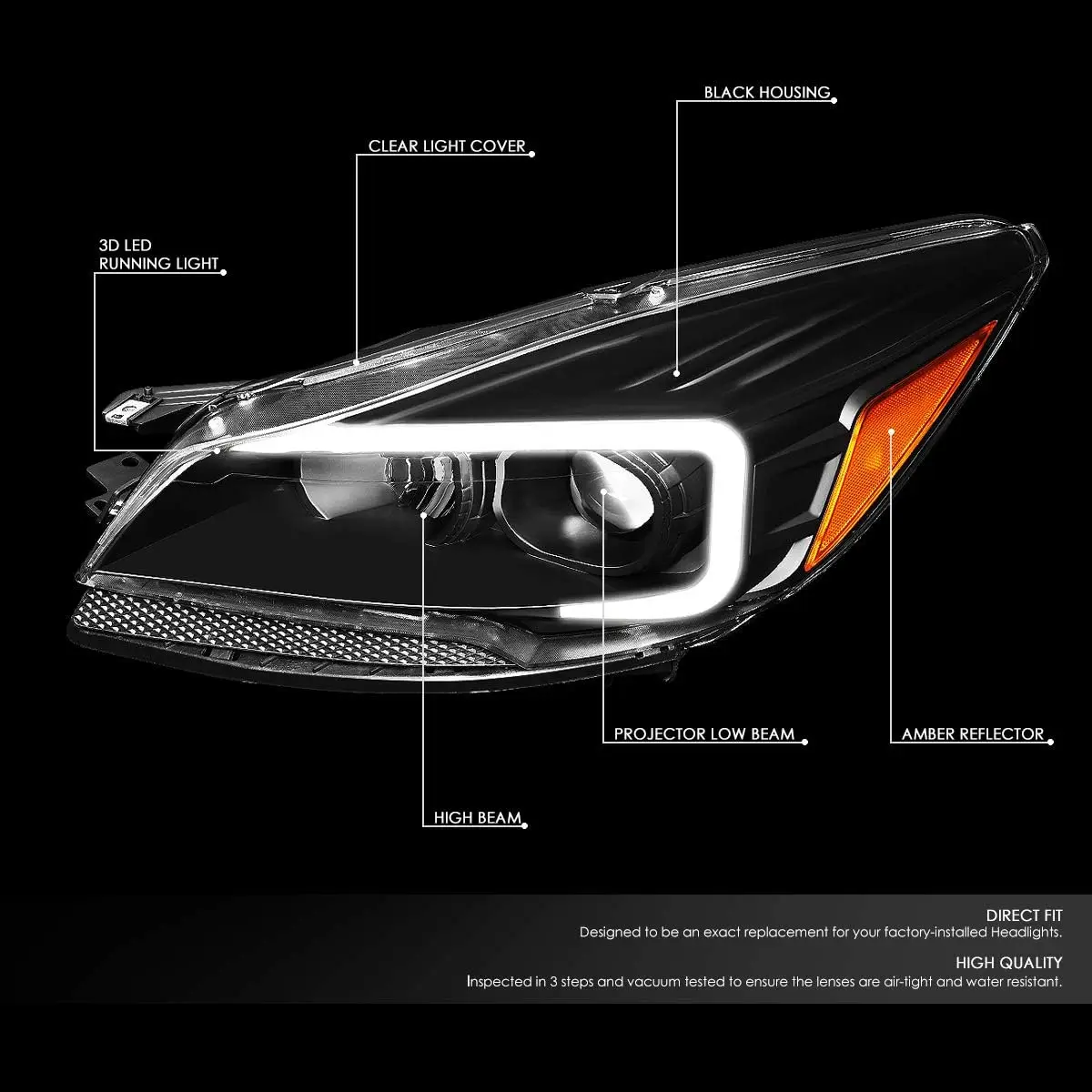 3D LED Projector Headlights Assembly, Set of 2, Compatible with 2013-2016 Ford Escape, Black and Amber