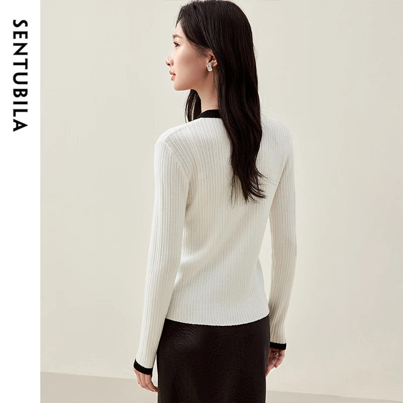 SENTUBILA Spliced Wool Cardigan for Women 2025 Spring Embroidery Slim V Neck Long Sleeve Knitted Tops Female Clothing W51H58341