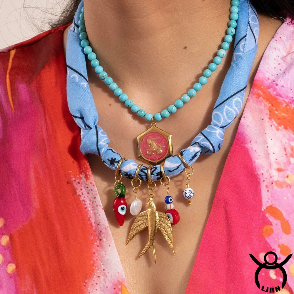 

2025 New Necklace Stainless Steel Devil Eye Bird Enamel Pendant Silk Scarf Beaded Handmade Choker Accessories Women Jewelry Gift