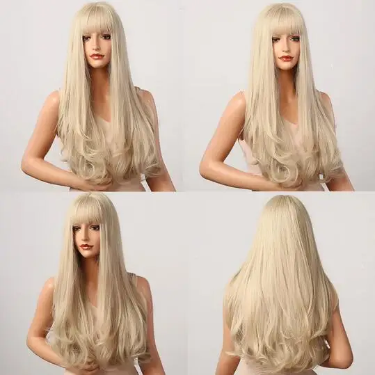 

Long Natural Wavy Platinum Blonde Wigs with Bangs Synthetic Wigs for Women Heat Resistant Fiber