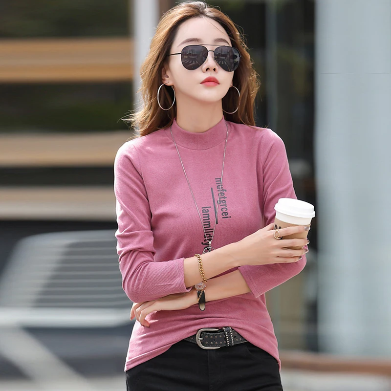 HI-FASHION Women Spring Pullover Korean Cotton Long Sleeve Slim Female Shirt Autumn Woman Office Half Turtleneck Tops