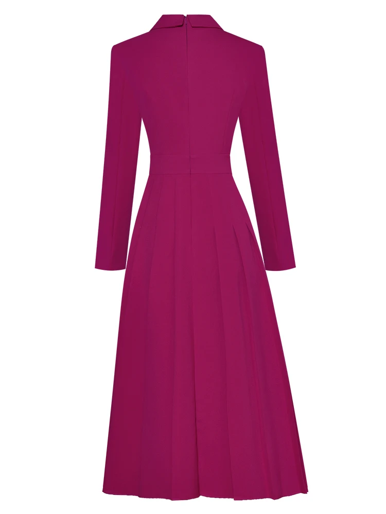 SEQINYY Purple Midi Dress Spring Autumn New Fashion Design Women Runway High Street Office Lady Pleated Brooch Elegant