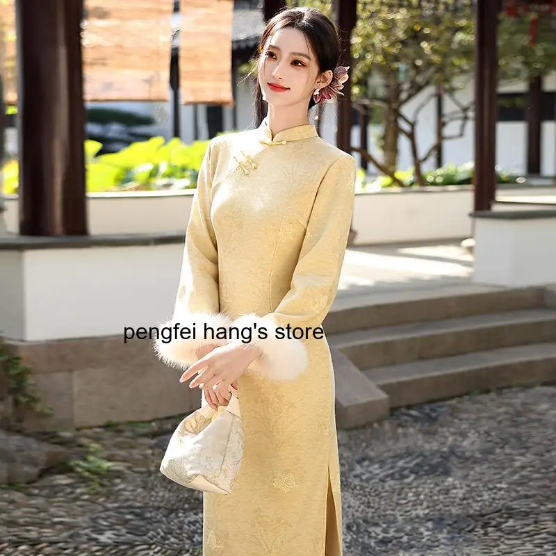 Women Youthful Fleece Lined Modified Cheongsam New Chinese Style Long Sleeve Vintage Dress Thickened Premium Outfit Winter