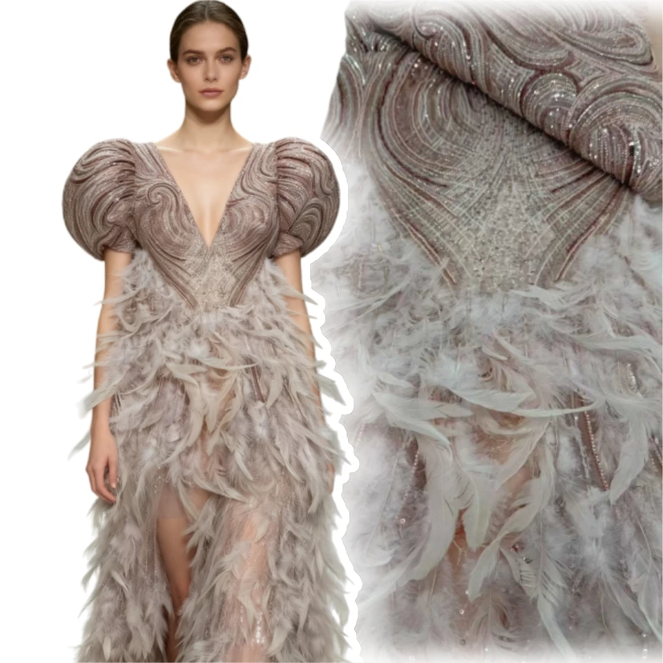 

Высокое качество, африканская 3D вышитая кружевная ткань с перьями, сетчатая кружевная ткань с блестками, роскошные бусины, тюль, кружево для швейных аксессуаров TP1807